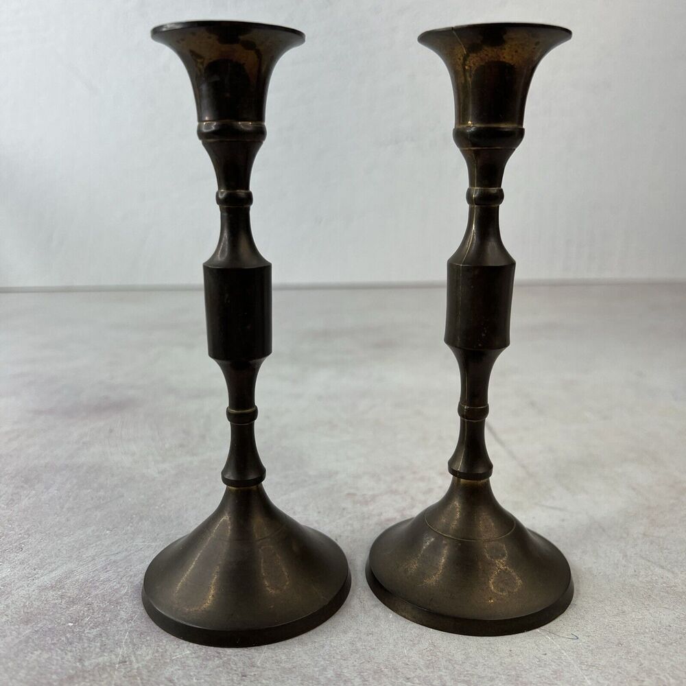 Vintage Brass Candle Holders Graduated‎ Tapered Candlesticks MCM Aged Rustic 6”